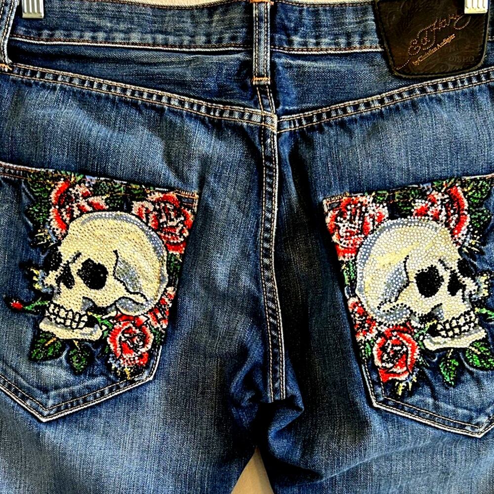 Y2K Authentic Ed Hardy Christian Audigier Jeans Skulls Bling Hip Hop 34x34* 90s